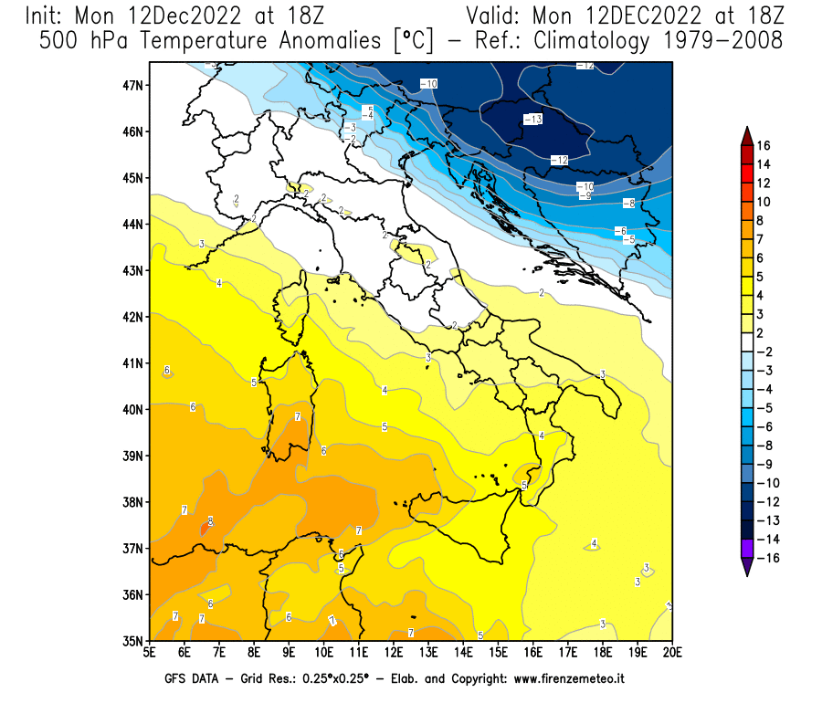 Mappa di analisi GFS - Anomalia Temperatura [°C] a 500 hPa in Italia
							del 12/12/2022 18 <!--googleoff: index-->UTC<!--googleon: index-->
