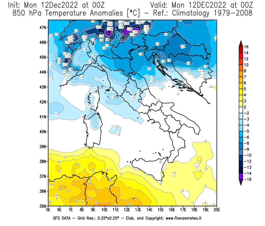 Mappa di analisi GFS - Anomalia Temperatura [°C] a 850 hPa in Italia
							del 12/12/2022 00 <!--googleoff: index-->UTC<!--googleon: index-->