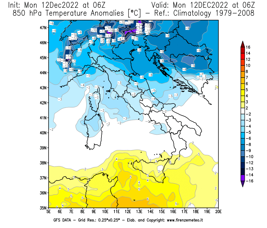 Mappa di analisi GFS - Anomalia Temperatura [°C] a 850 hPa in Italia
							del 12/12/2022 06 <!--googleoff: index-->UTC<!--googleon: index-->