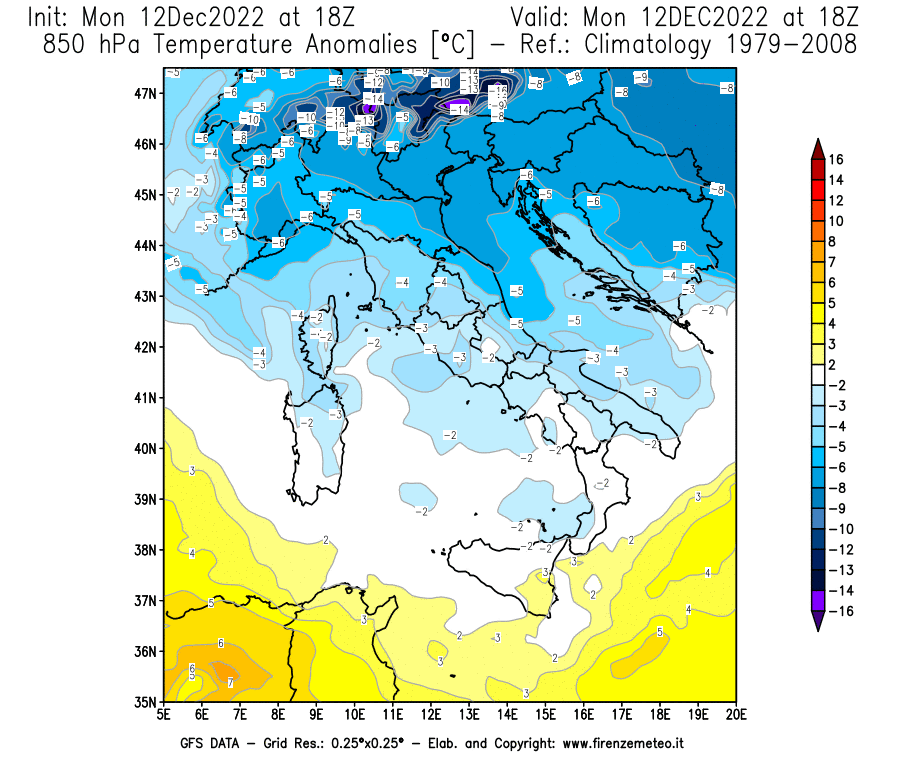 Mappa di analisi GFS - Anomalia Temperatura [°C] a 850 hPa in Italia
							del 12/12/2022 18 <!--googleoff: index-->UTC<!--googleon: index-->
