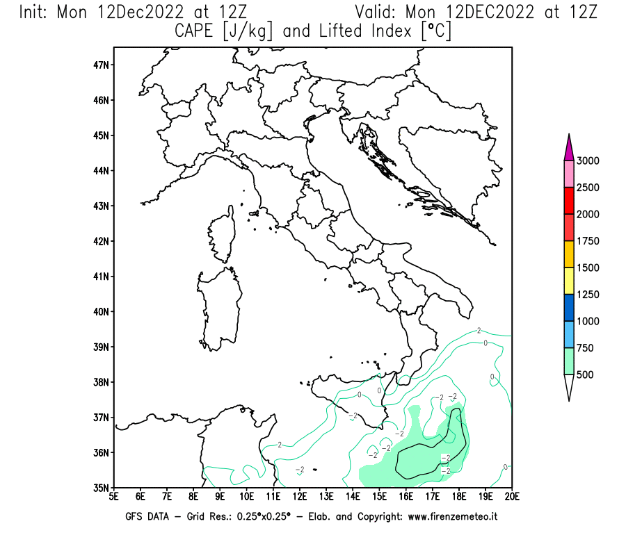 Mappa di analisi GFS - CAPE [J/kg] e Lifted Index [°C] in Italia
							del 12/12/2022 12 <!--googleoff: index-->UTC<!--googleon: index-->