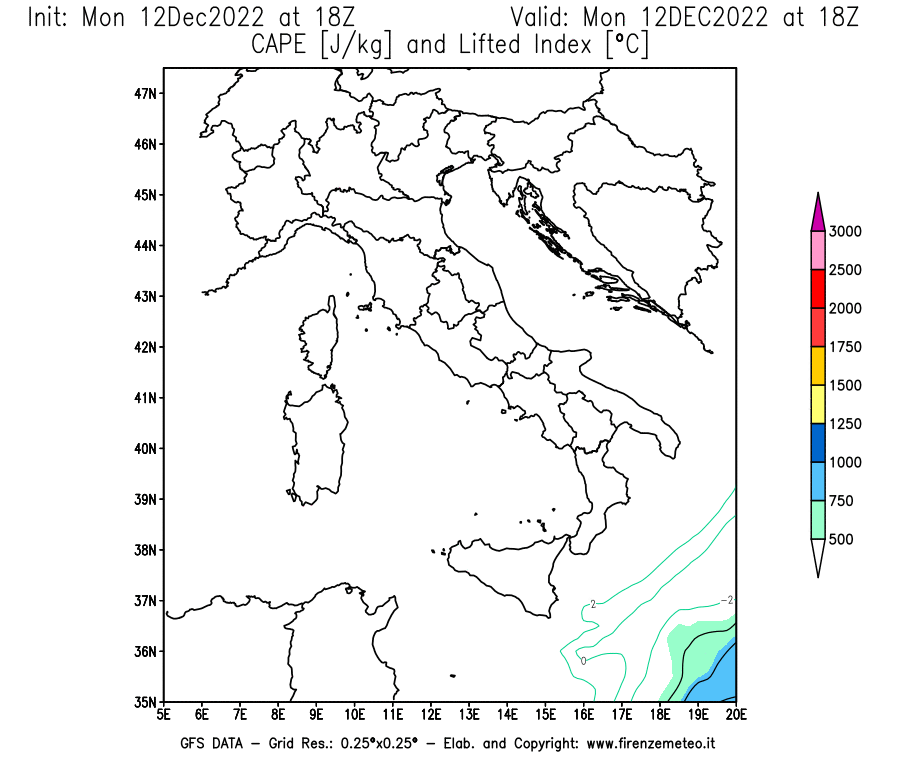 Mappa di analisi GFS - CAPE [J/kg] e Lifted Index [°C] in Italia
							del 12/12/2022 18 <!--googleoff: index-->UTC<!--googleon: index-->