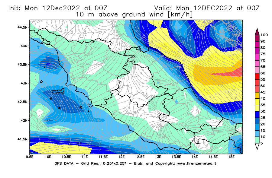 Mappa di analisi GFS - Velocità del vento a 10 metri dal suolo [km/h] in Centro-Italia
							del 12/12/2022 00 <!--googleoff: index-->UTC<!--googleon: index-->