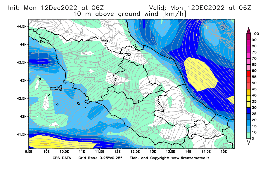 Mappa di analisi GFS - Velocità del vento a 10 metri dal suolo [km/h] in Centro-Italia
							del 12/12/2022 06 <!--googleoff: index-->UTC<!--googleon: index-->