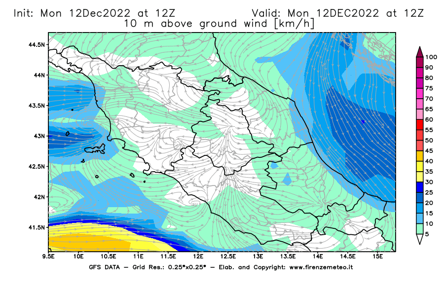 Mappa di analisi GFS - Velocità del vento a 10 metri dal suolo [km/h] in Centro-Italia
							del 12/12/2022 12 <!--googleoff: index-->UTC<!--googleon: index-->