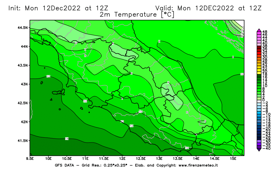 Mappa di analisi GFS - Temperatura a 2 metri dal suolo [°C] in Centro-Italia
							del 12/12/2022 12 <!--googleoff: index-->UTC<!--googleon: index-->