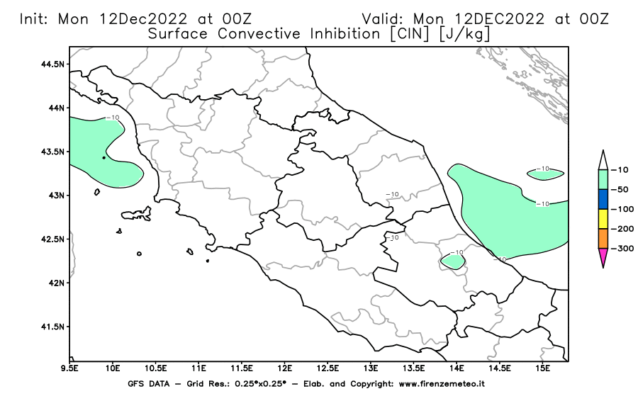 Mappa di analisi GFS - CIN [J/kg] in Centro-Italia
							del 12/12/2022 00 <!--googleoff: index-->UTC<!--googleon: index-->