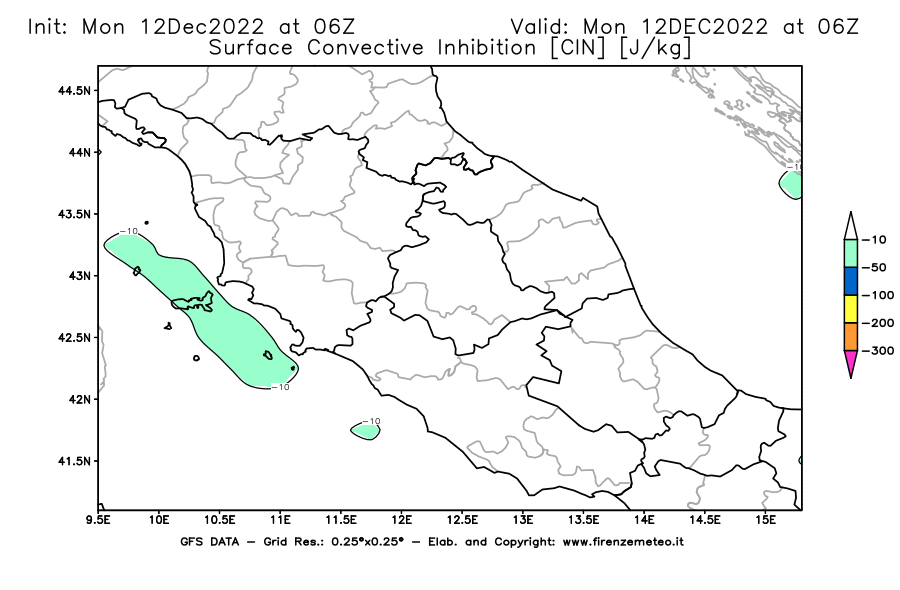 Mappa di analisi GFS - CIN [J/kg] in Centro-Italia
							del 12/12/2022 06 <!--googleoff: index-->UTC<!--googleon: index-->
