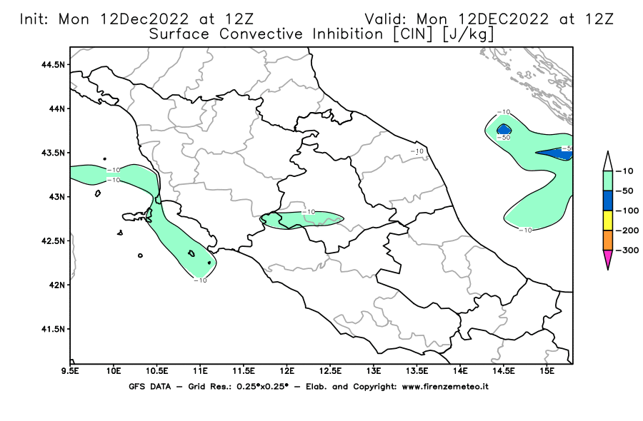 Mappa di analisi GFS - CIN [J/kg] in Centro-Italia
							del 12/12/2022 12 <!--googleoff: index-->UTC<!--googleon: index-->