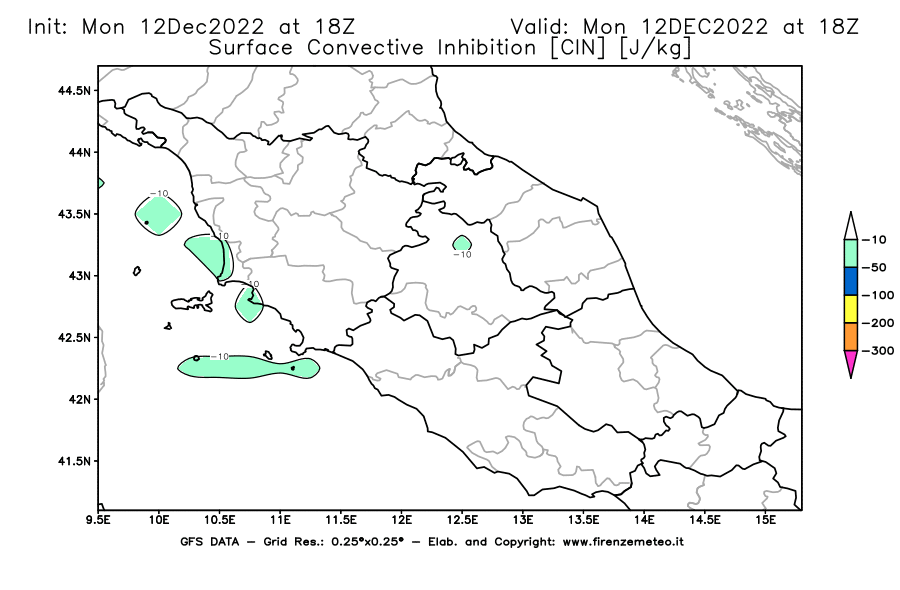Mappa di analisi GFS - CIN [J/kg] in Centro-Italia
							del 12/12/2022 18 <!--googleoff: index-->UTC<!--googleon: index-->