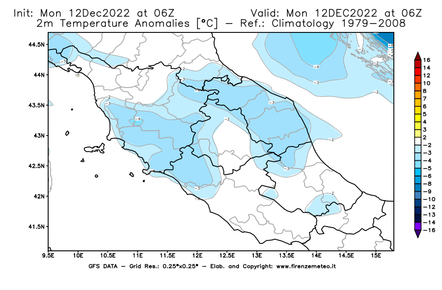 Mappa di analisi GFS - Anomalia Temperatura [°C] a 2 m in Centro-Italia
							del 12/12/2022 06 <!--googleoff: index-->UTC<!--googleon: index-->