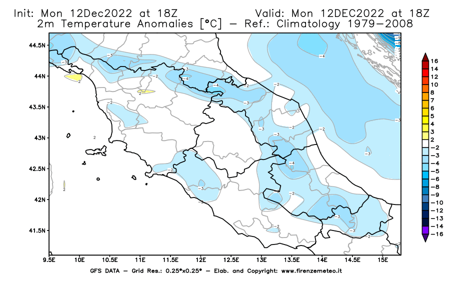 Mappa di analisi GFS - Anomalia Temperatura [°C] a 2 m in Centro-Italia
							del 12/12/2022 18 <!--googleoff: index-->UTC<!--googleon: index-->