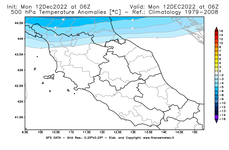 Mappa di analisi GFS - Anomalia Temperatura [°C] a 500 hPa in Centro-Italia
							del 12/12/2022 06 <!--googleoff: index-->UTC<!--googleon: index-->
