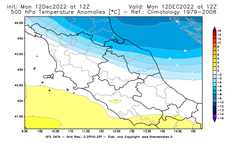 Mappa di analisi GFS - Anomalia Temperatura [°C] a 500 hPa in Centro-Italia
							del 12/12/2022 12 <!--googleoff: index-->UTC<!--googleon: index-->