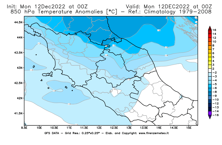 Mappa di analisi GFS - Anomalia Temperatura [°C] a 850 hPa in Centro-Italia
							del 12/12/2022 00 <!--googleoff: index-->UTC<!--googleon: index-->