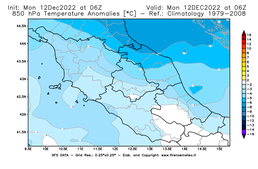 Mappa di analisi GFS - Anomalia Temperatura [°C] a 850 hPa in Centro-Italia
							del 12/12/2022 06 <!--googleoff: index-->UTC<!--googleon: index-->