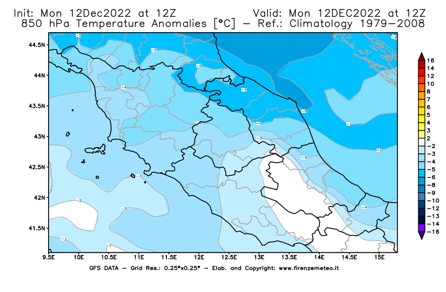 Mappa di analisi GFS - Anomalia Temperatura [°C] a 850 hPa in Centro-Italia
							del 12/12/2022 12 <!--googleoff: index-->UTC<!--googleon: index-->
