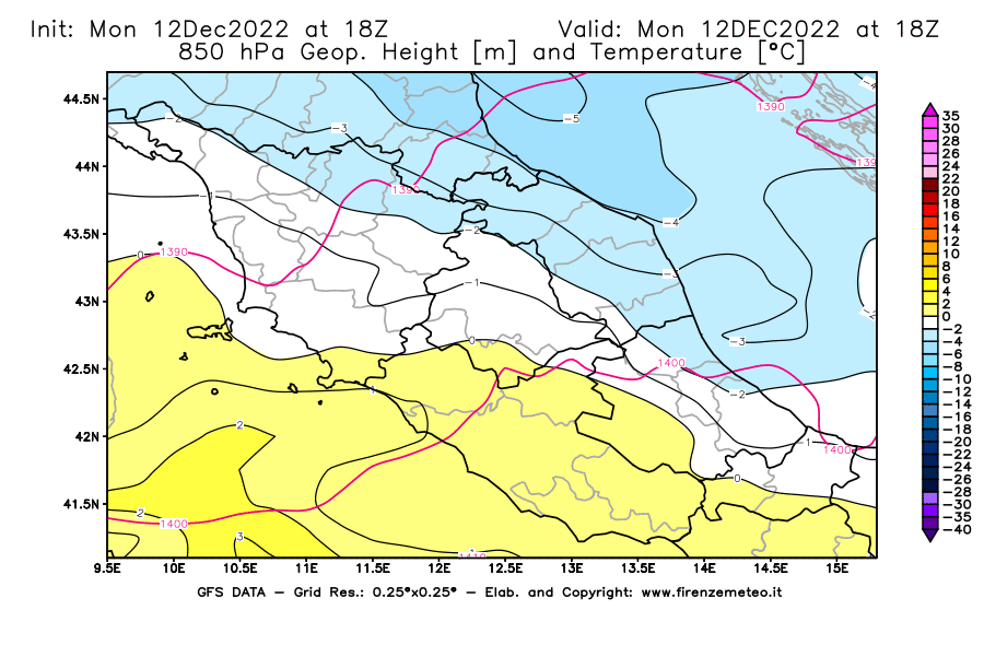 Mappa di analisi GFS - Geopotenziale [m] e Temperatura [°C] a 850 hPa in Centro-Italia
							del 12/12/2022 18 <!--googleoff: index-->UTC<!--googleon: index-->