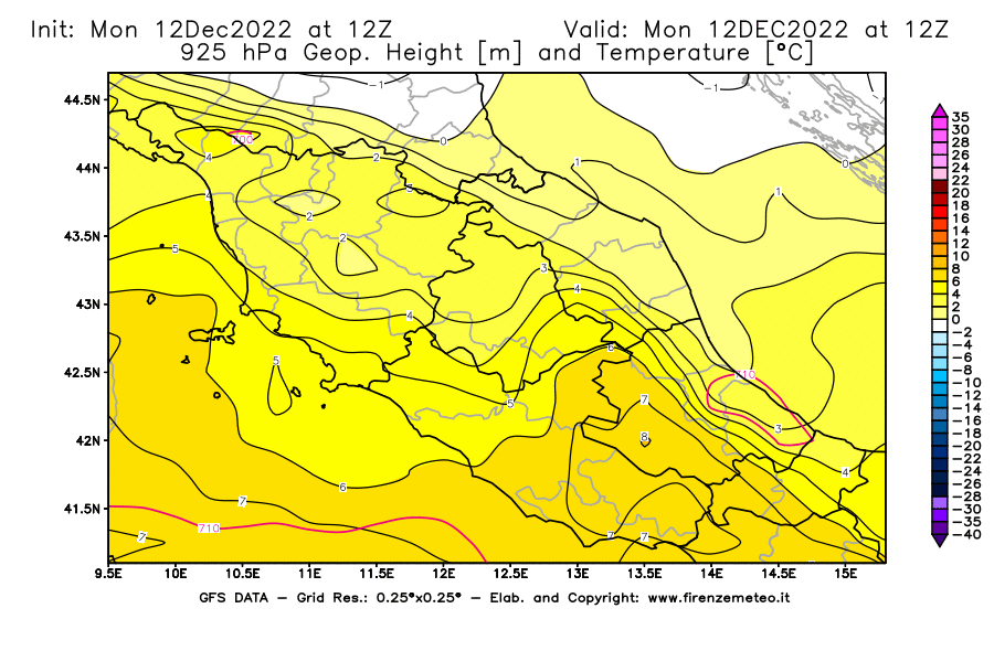 Mappa di analisi GFS - Geopotenziale [m] e Temperatura [°C] a 925 hPa in Centro-Italia
							del 12/12/2022 12 <!--googleoff: index-->UTC<!--googleon: index-->