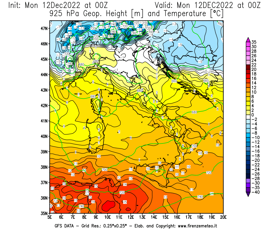 Mappa di analisi GFS - Geopotenziale [m] e Temperatura [°C] a 925 hPa in Italia
							del 12/12/2022 00 <!--googleoff: index-->UTC<!--googleon: index-->