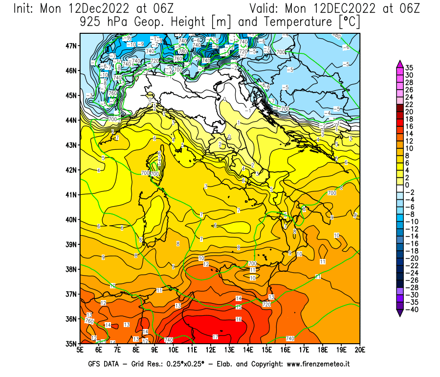 Mappa di analisi GFS - Geopotenziale [m] e Temperatura [°C] a 925 hPa in Italia
							del 12/12/2022 06 <!--googleoff: index-->UTC<!--googleon: index-->