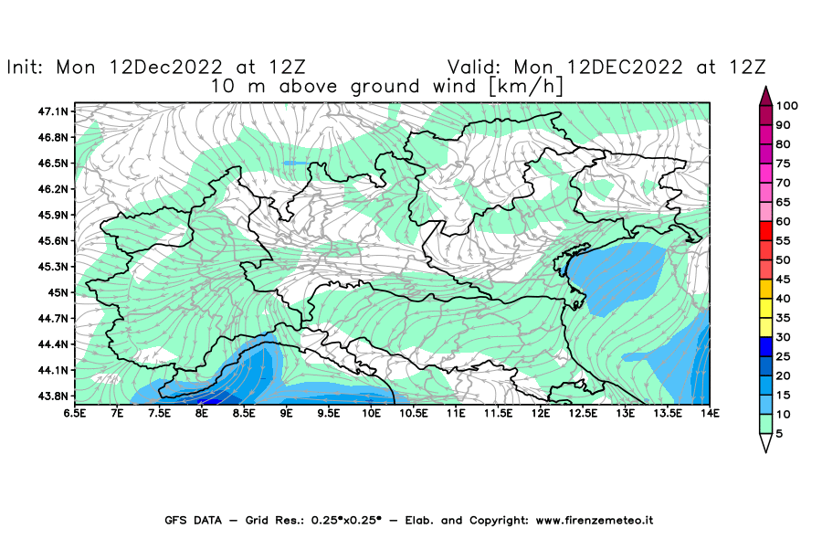 Mappa di analisi GFS - Velocità del vento a 10 metri dal suolo [km/h] in Nord-Italia
							del 12/12/2022 12 <!--googleoff: index-->UTC<!--googleon: index-->
