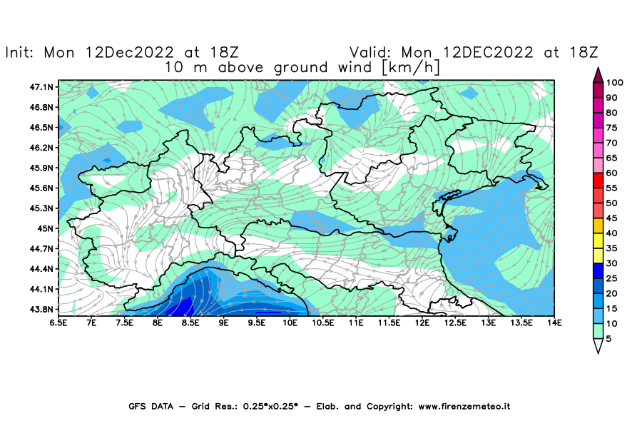 Mappa di analisi GFS - Velocità del vento a 10 metri dal suolo [km/h] in Nord-Italia
							del 12/12/2022 18 <!--googleoff: index-->UTC<!--googleon: index-->