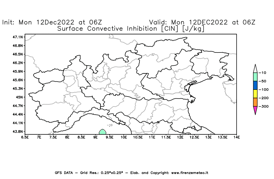 Mappa di analisi GFS - CIN [J/kg] in Nord-Italia
							del 12/12/2022 06 <!--googleoff: index-->UTC<!--googleon: index-->