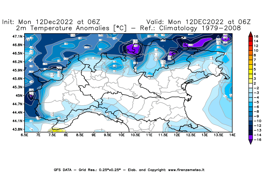 Mappa di analisi GFS - Anomalia Temperatura [°C] a 2 m in Nord-Italia
							del 12/12/2022 06 <!--googleoff: index-->UTC<!--googleon: index-->