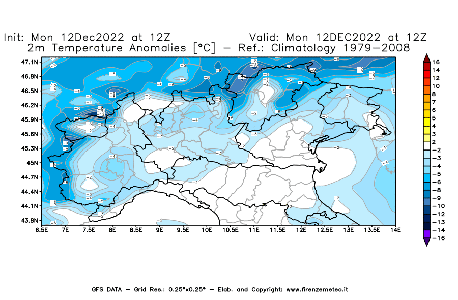Mappa di analisi GFS - Anomalia Temperatura [°C] a 2 m in Nord-Italia
							del 12/12/2022 12 <!--googleoff: index-->UTC<!--googleon: index-->
