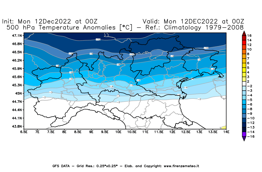 Mappa di analisi GFS - Anomalia Temperatura [°C] a 500 hPa in Nord-Italia
							del 12/12/2022 00 <!--googleoff: index-->UTC<!--googleon: index-->