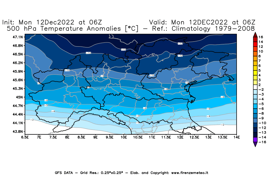Mappa di analisi GFS - Anomalia Temperatura [°C] a 500 hPa in Nord-Italia
							del 12/12/2022 06 <!--googleoff: index-->UTC<!--googleon: index-->
