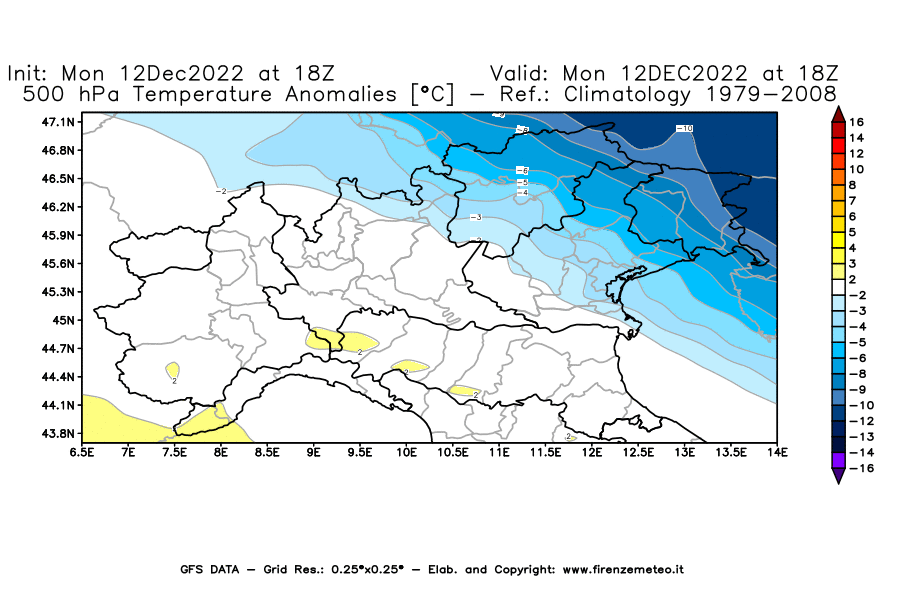 Mappa di analisi GFS - Anomalia Temperatura [°C] a 500 hPa in Nord-Italia
							del 12/12/2022 18 <!--googleoff: index-->UTC<!--googleon: index-->