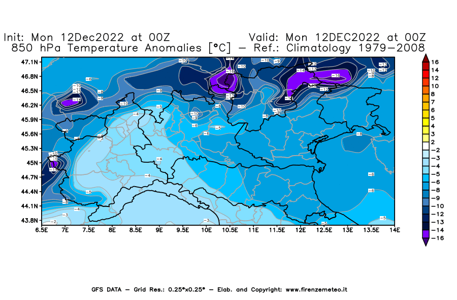 Mappa di analisi GFS - Anomalia Temperatura [°C] a 850 hPa in Nord-Italia
							del 12/12/2022 00 <!--googleoff: index-->UTC<!--googleon: index-->