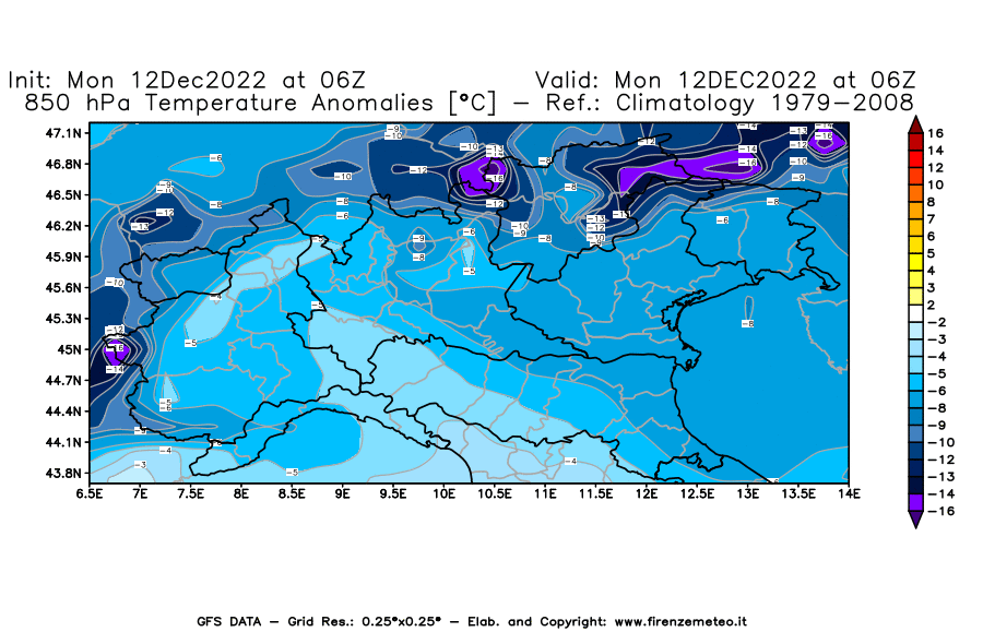 Mappa di analisi GFS - Anomalia Temperatura [°C] a 850 hPa in Nord-Italia
							del 12/12/2022 06 <!--googleoff: index-->UTC<!--googleon: index-->