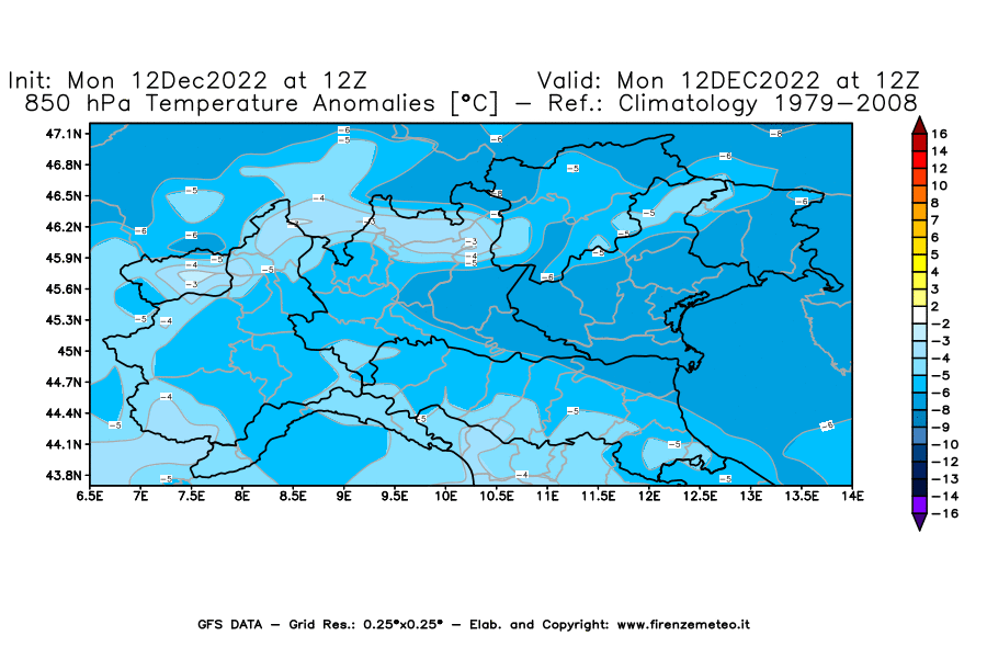 Mappa di analisi GFS - Anomalia Temperatura [°C] a 850 hPa in Nord-Italia
							del 12/12/2022 12 <!--googleoff: index-->UTC<!--googleon: index-->
