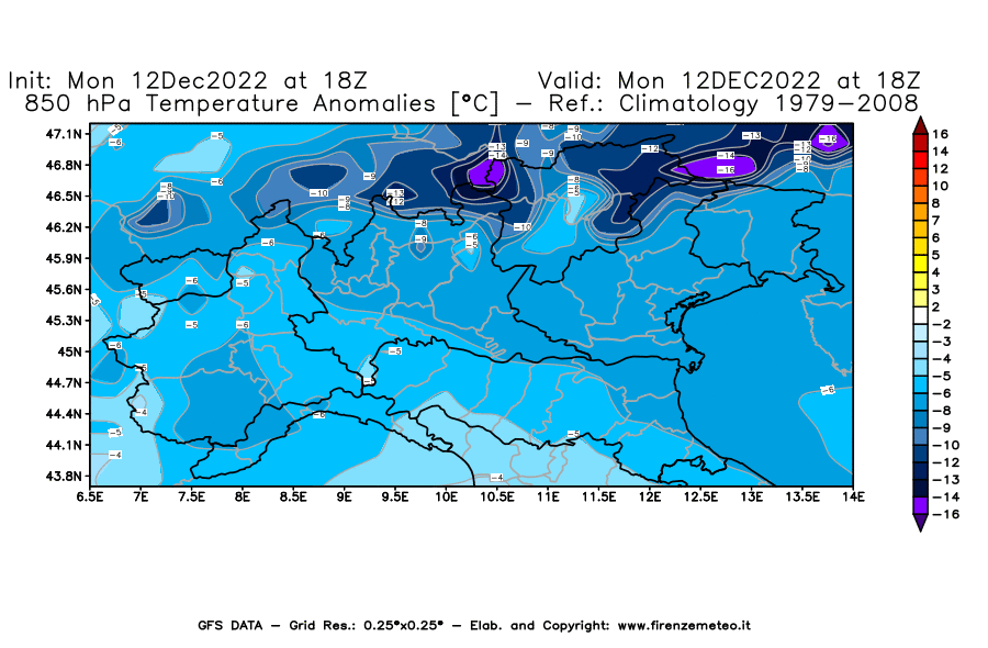 Mappa di analisi GFS - Anomalia Temperatura [°C] a 850 hPa in Nord-Italia
							del 12/12/2022 18 <!--googleoff: index-->UTC<!--googleon: index-->