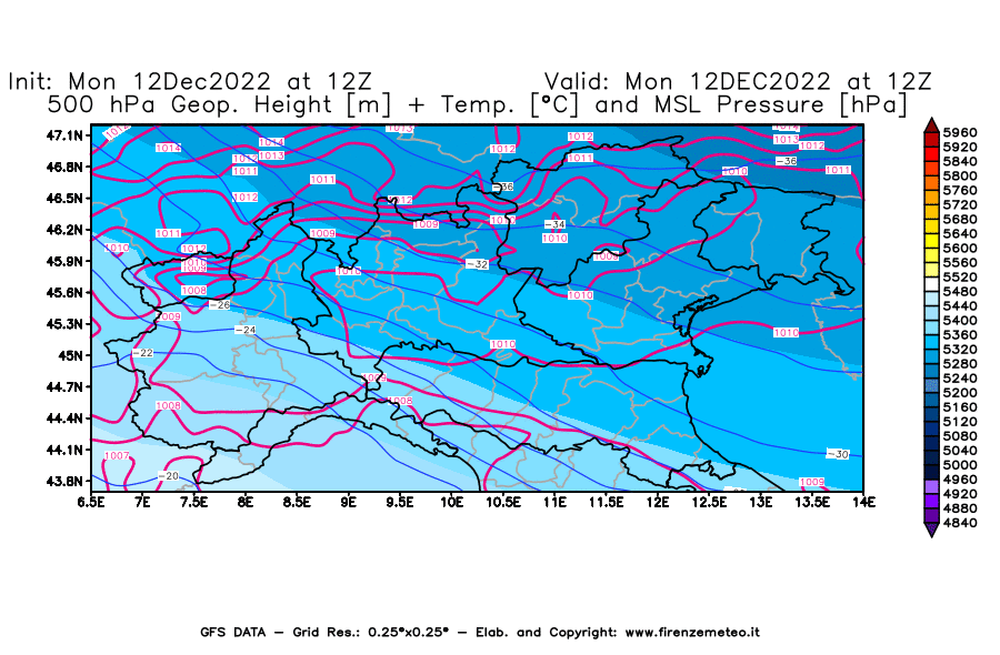 Mappa di analisi GFS - Geopotenziale [m] + Temp. [°C] a 500 hPa + Press. a livello del mare [hPa] in Nord-Italia
							del 12/12/2022 12 <!--googleoff: index-->UTC<!--googleon: index-->