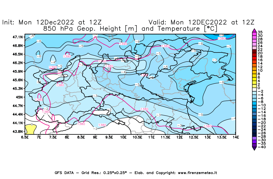 Mappa di analisi GFS - Geopotenziale [m] e Temperatura [°C] a 850 hPa in Nord-Italia
							del 12/12/2022 12 <!--googleoff: index-->UTC<!--googleon: index-->