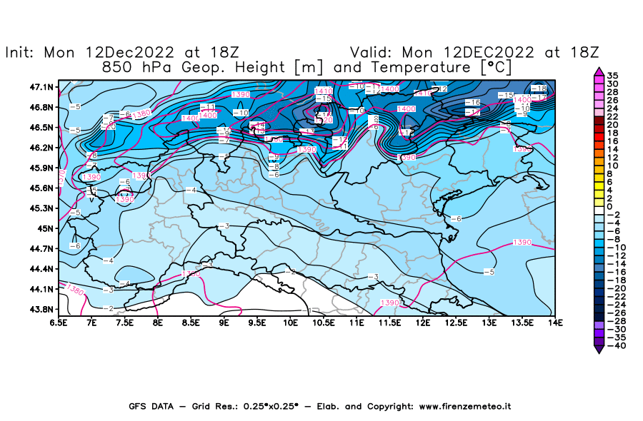 Mappa di analisi GFS - Geopotenziale [m] e Temperatura [°C] a 850 hPa in Nord-Italia
							del 12/12/2022 18 <!--googleoff: index-->UTC<!--googleon: index-->