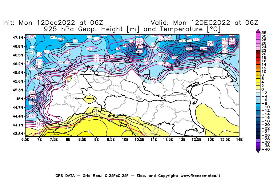 Mappa di analisi GFS - Geopotenziale [m] e Temperatura [°C] a 925 hPa in Nord-Italia
							del 12/12/2022 06 <!--googleoff: index-->UTC<!--googleon: index-->