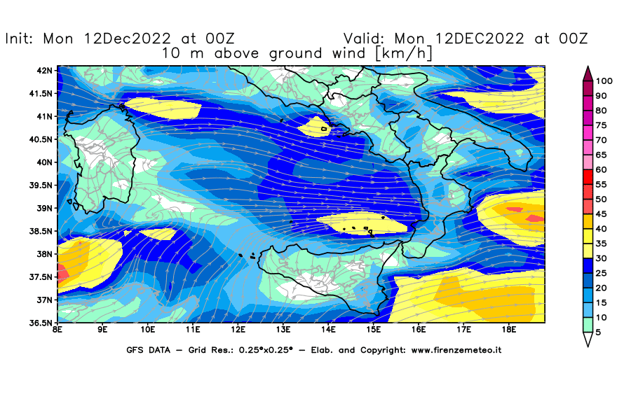 Mappa di analisi GFS - Velocità del vento a 10 metri dal suolo [km/h] in Sud-Italia
							del 12/12/2022 00 <!--googleoff: index-->UTC<!--googleon: index-->