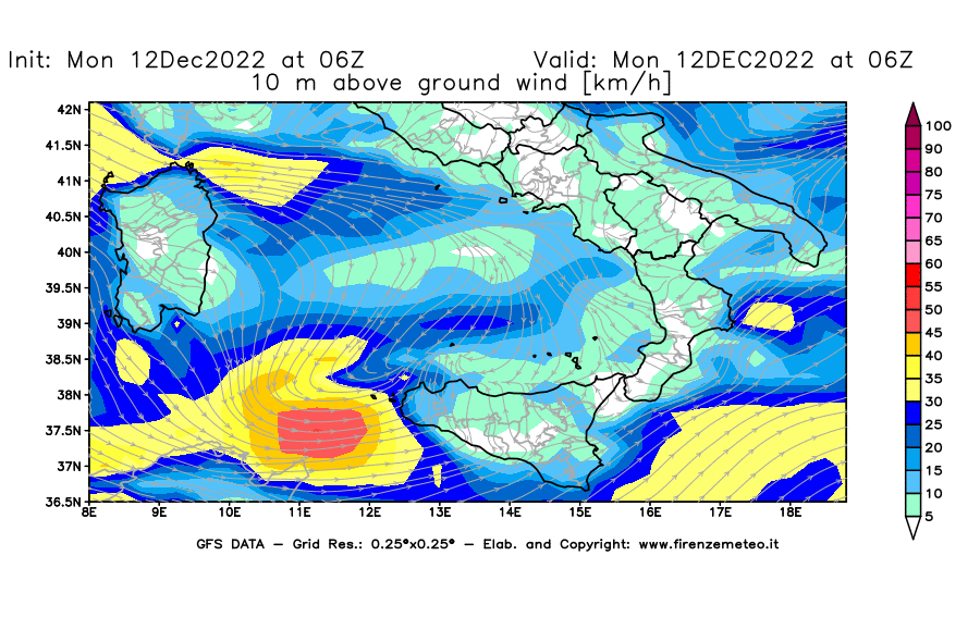 Mappa di analisi GFS - Velocità del vento a 10 metri dal suolo [km/h] in Sud-Italia
							del 12/12/2022 06 <!--googleoff: index-->UTC<!--googleon: index-->
