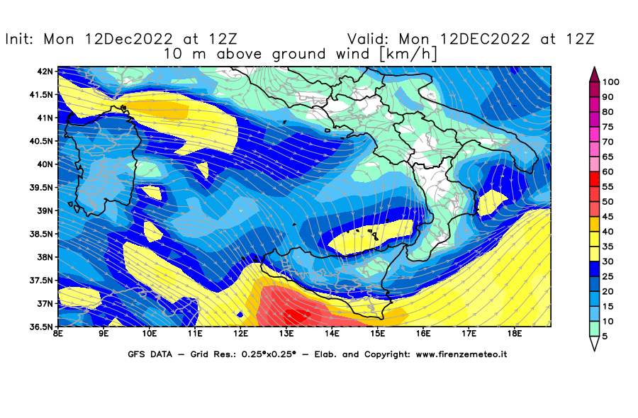 Mappa di analisi GFS - Velocità del vento a 10 metri dal suolo [km/h] in Sud-Italia
							del 12/12/2022 12 <!--googleoff: index-->UTC<!--googleon: index-->
