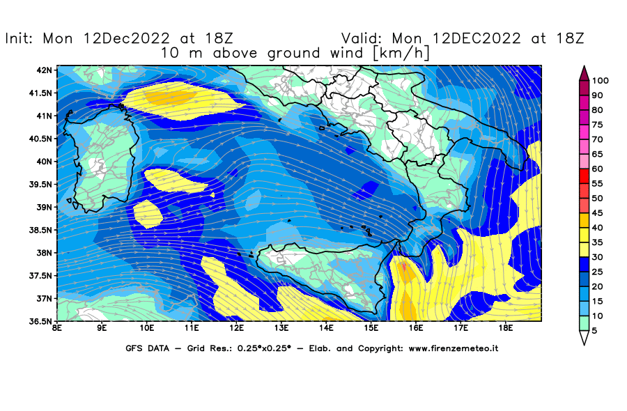 Mappa di analisi GFS - Velocità del vento a 10 metri dal suolo [km/h] in Sud-Italia
							del 12/12/2022 18 <!--googleoff: index-->UTC<!--googleon: index-->