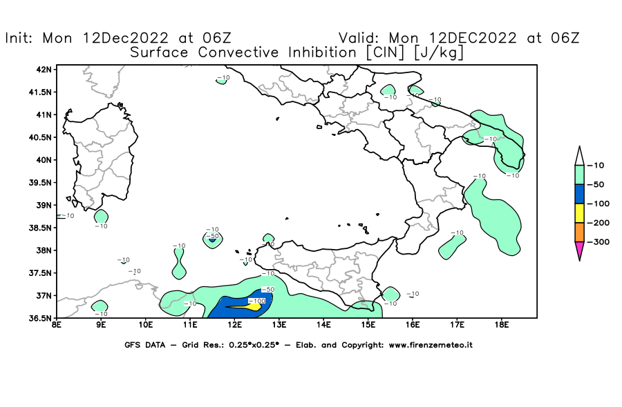 Mappa di analisi GFS - CIN [J/kg] in Sud-Italia
							del 12/12/2022 06 <!--googleoff: index-->UTC<!--googleon: index-->