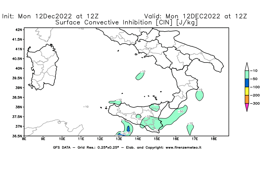 Mappa di analisi GFS - CIN [J/kg] in Sud-Italia
							del 12/12/2022 12 <!--googleoff: index-->UTC<!--googleon: index-->