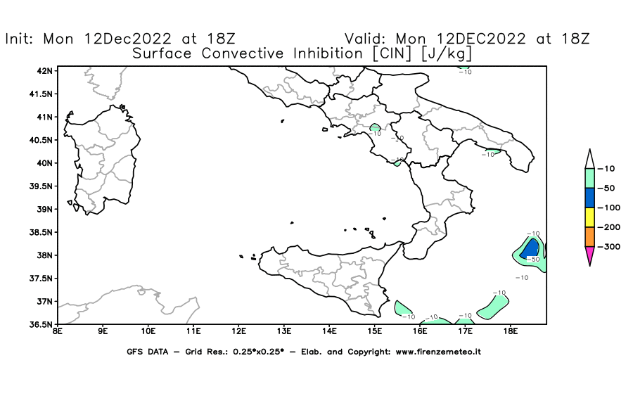 Mappa di analisi GFS - CIN [J/kg] in Sud-Italia
							del 12/12/2022 18 <!--googleoff: index-->UTC<!--googleon: index-->