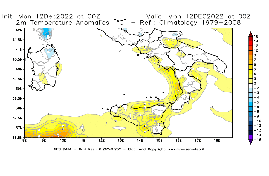 Mappa di analisi GFS - Anomalia Temperatura [°C] a 2 m in Sud-Italia
							del 12/12/2022 00 <!--googleoff: index-->UTC<!--googleon: index-->