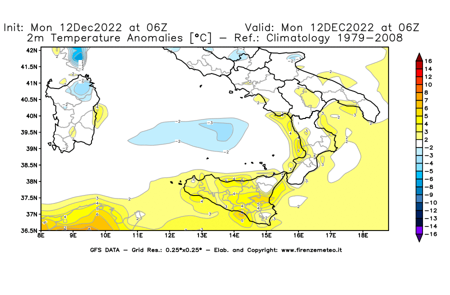 Mappa di analisi GFS - Anomalia Temperatura [°C] a 2 m in Sud-Italia
							del 12/12/2022 06 <!--googleoff: index-->UTC<!--googleon: index-->